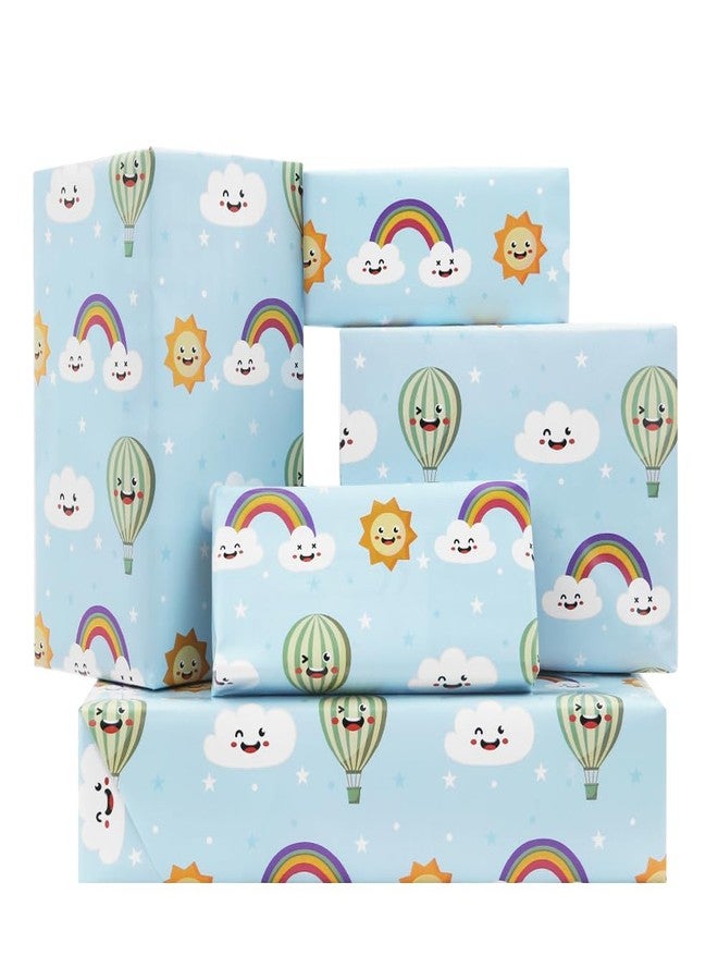 Boerni Cute Rainbow Clouds and Sunshine Float away in a hot air balloon With Smile face on bright blue wrapping paper for Babies Boys Kids Happy Birthday Party Babay Shower, Folded Flat 30 x 20 Inch, 4 - Image 1